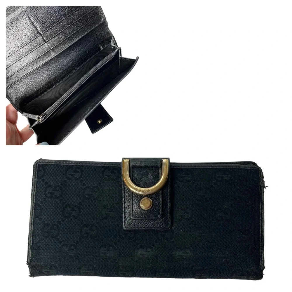 Authentic GUCCI Black Canvas & Leather Guccisima Monogram Long Carryall Wallet